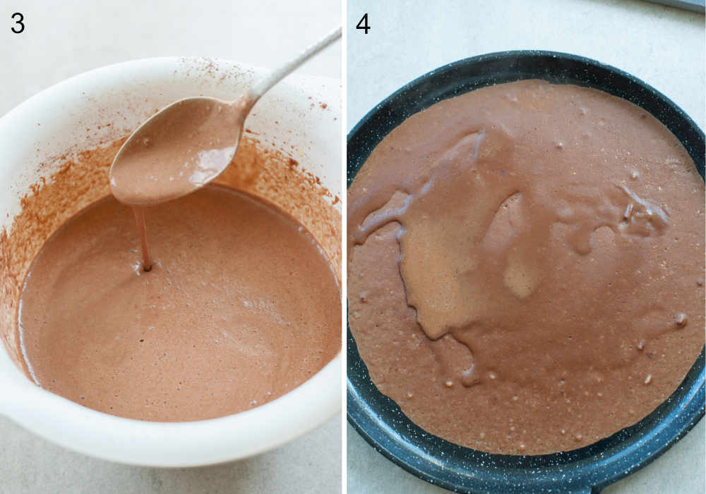 left: chocolate crepe batter in a bowl, right: crepe batter in a pan