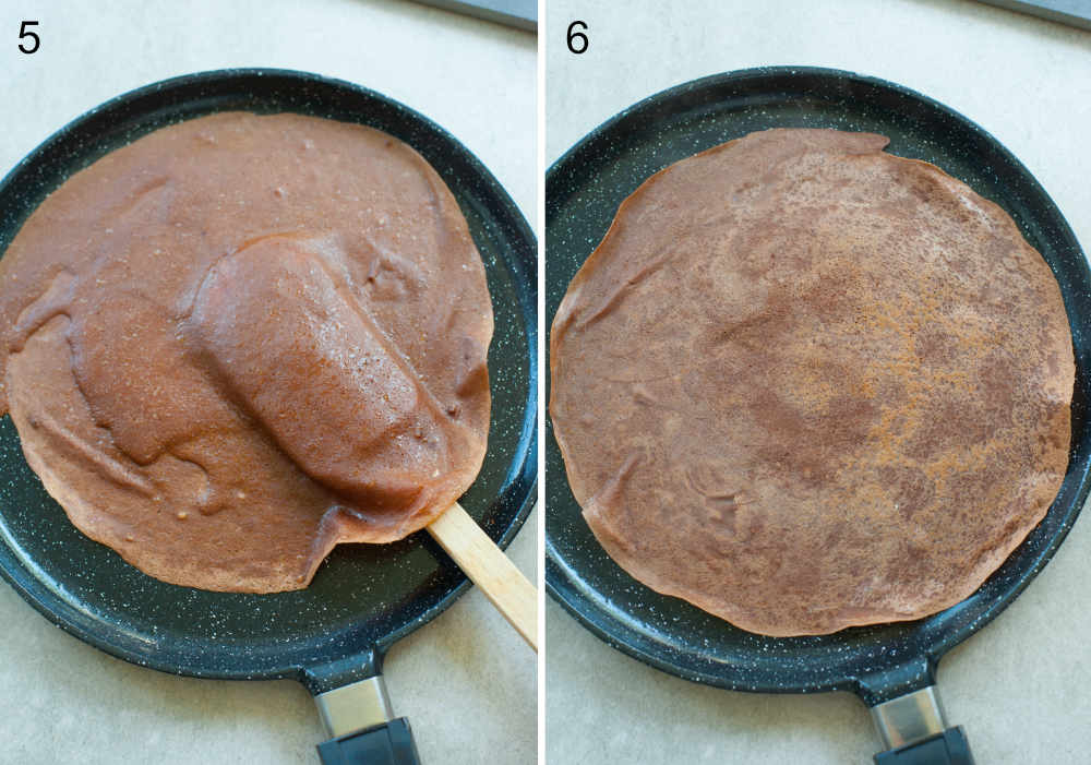 cooking chocolate crepes in a black pancake pan