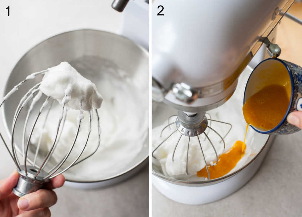 left: whipped egg whites on a whisk, right: yolks with sugar are being added to whipped eggs