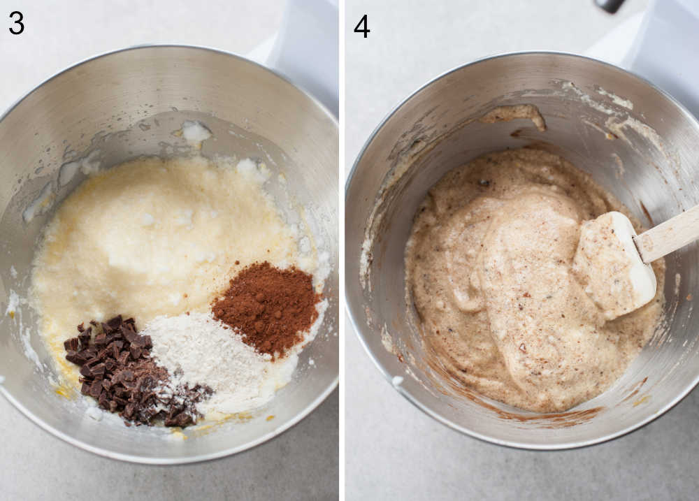 whipped eggs with flour, cocoa and chocolate in a metal bowl