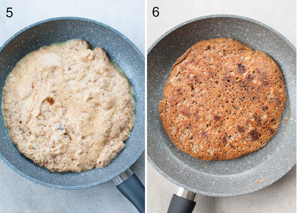 left photo: omelet batter in a pan, right photo: cooked omelet in a pan