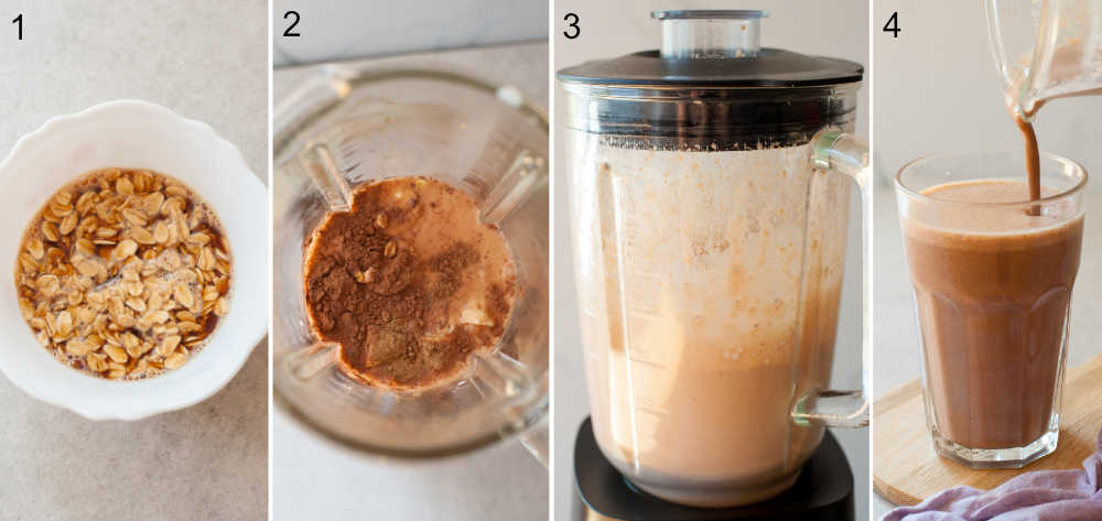 Four photo collage showing preparations steps of a coffee smoothie.