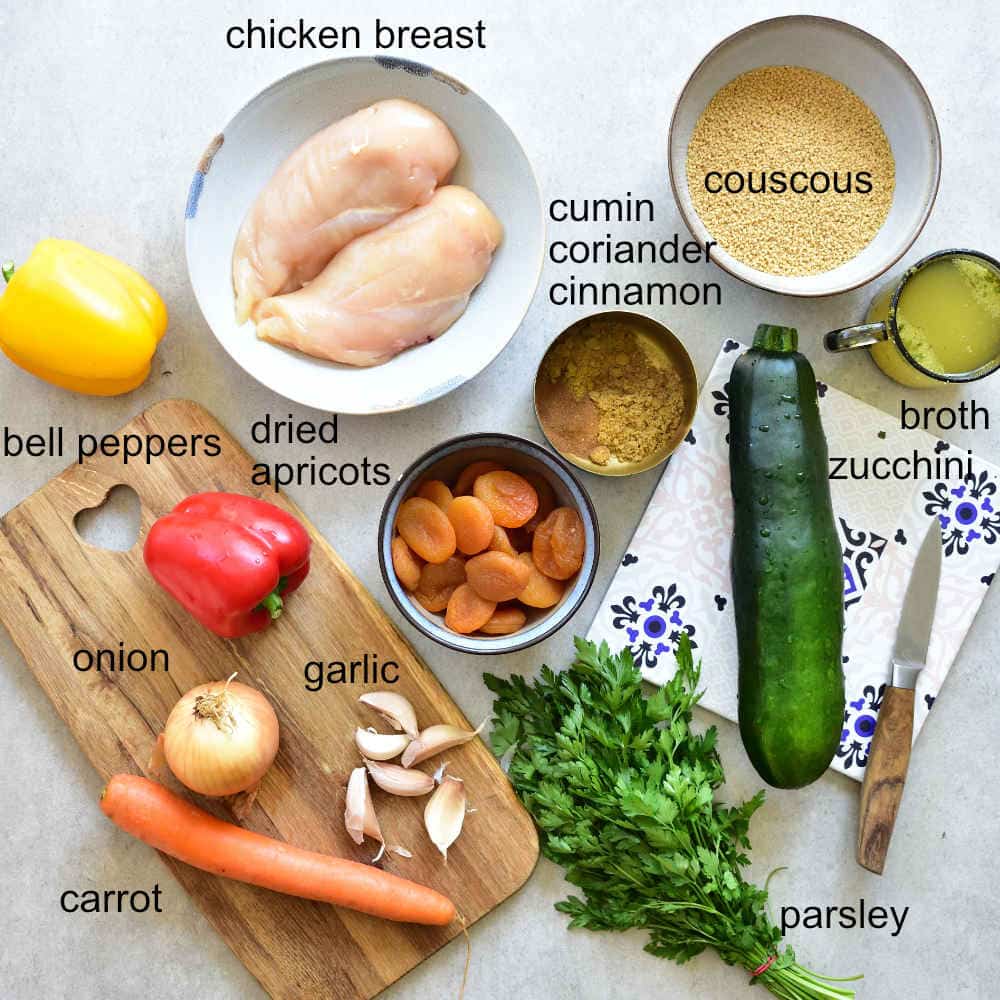ingredients needed to prepare moroccan chicken with apricots and vegetables