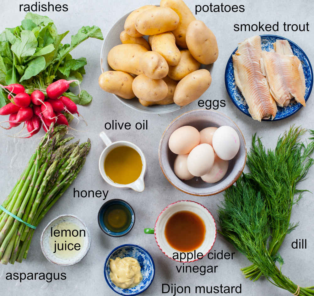 ingredients for potato and asparagus salad