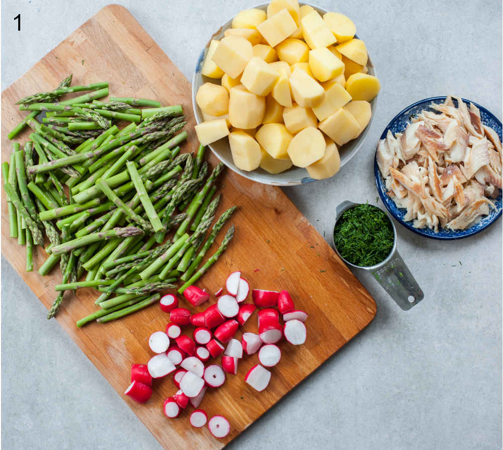 chopped and prepared ingredients for potato and asparagus salad