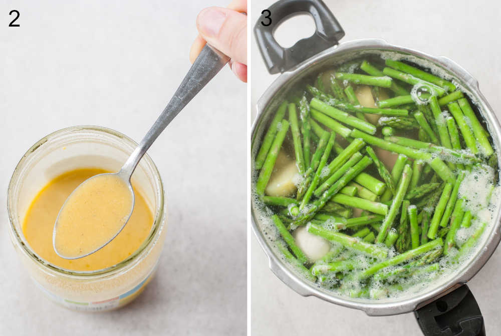 left: honey mustard dressing in a jar, right: potatoes, eggs, and asparagus in a pot