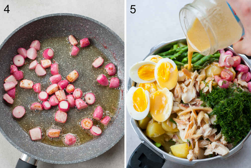 left: radishes in a pan, right: sauce is being poured over the salad ingredients