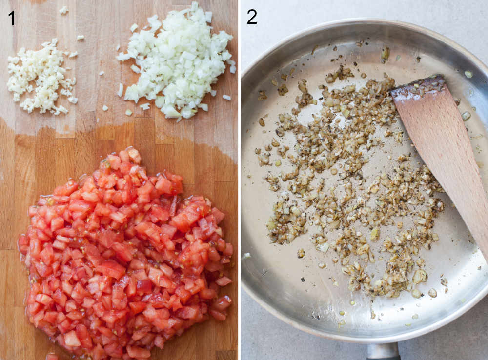 left photo: chopped tomatoes, onion and garlic, right photo: sauteed onion, garlic and spices in a pan