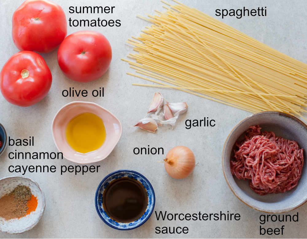 ingredients needed to prepare spaghetti with fresh tomato meat sauce