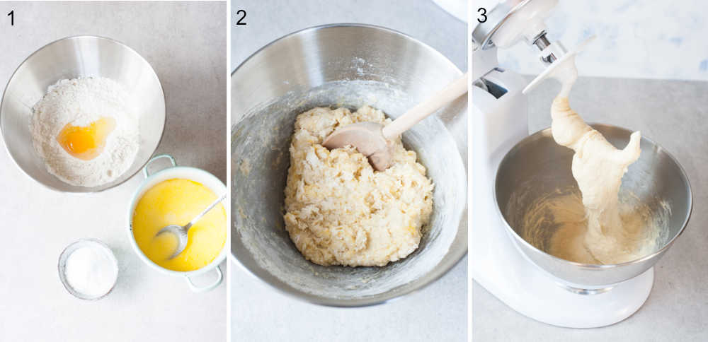 a collage of 3 photos showing preparation steps of a yeast dough