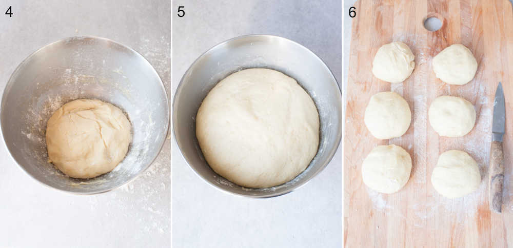 proofing yeast dough in a metal bowl, yeast dough divided into 8 buns on a chopping board