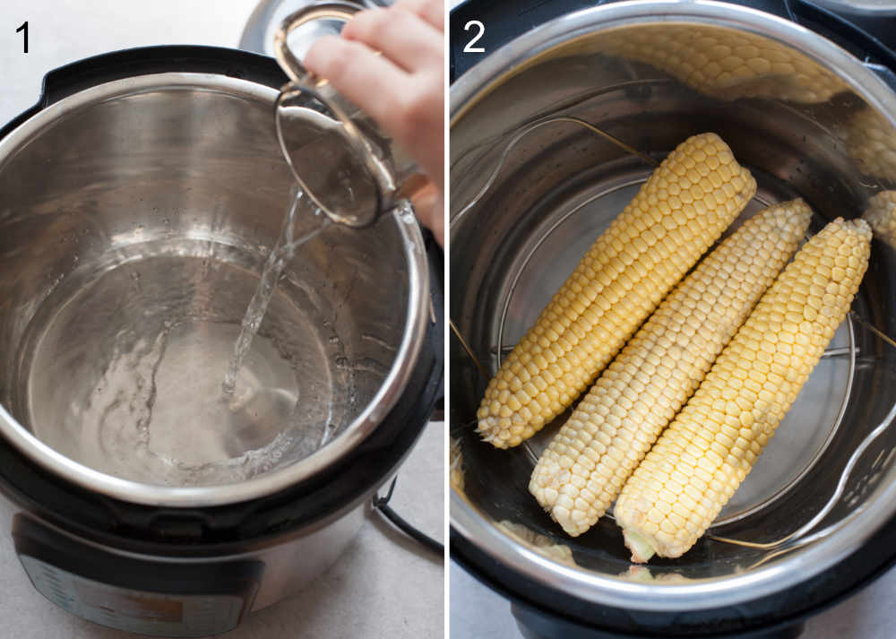 left photo: water is being poured into the instant pot, right photo: ears of corn in the instant pot