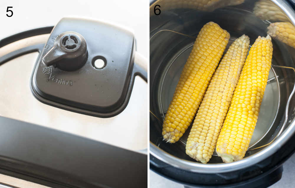 instant pot valve set to venting position, cooked corn in the instant pot