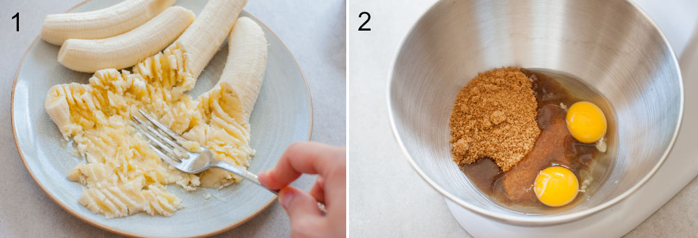 left: mashed bananas, right: eggs and sugar in a bowl