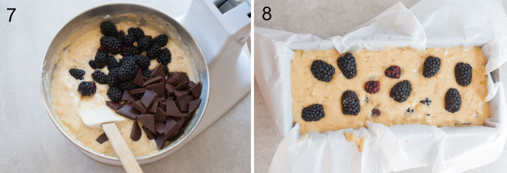 left: blackberries and chocolate are being added to the bread batter, right: batter in a baking pan