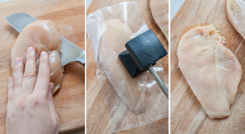 A collage of three photos showing how to prepare chicken breast into cutlets.
