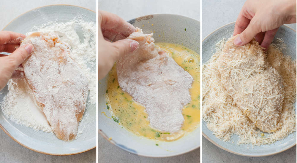 A collage of three photos showing breading steps of chicken cutlets.