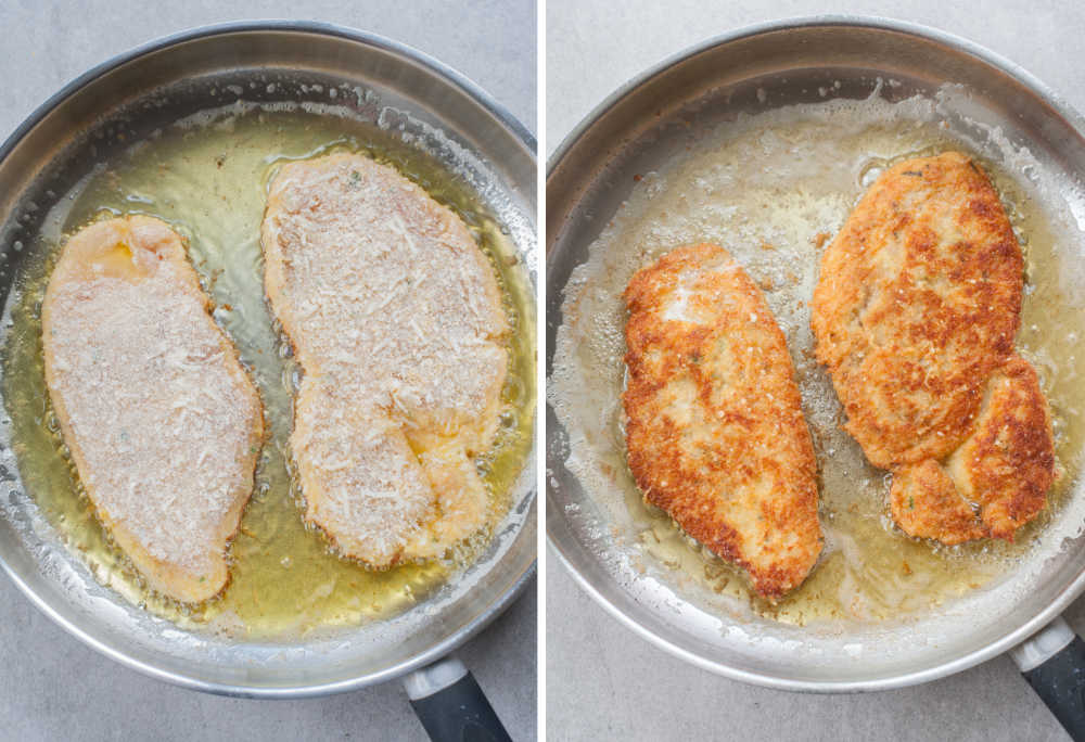 Breaded chicken cutlets are being fried in a frying pan.