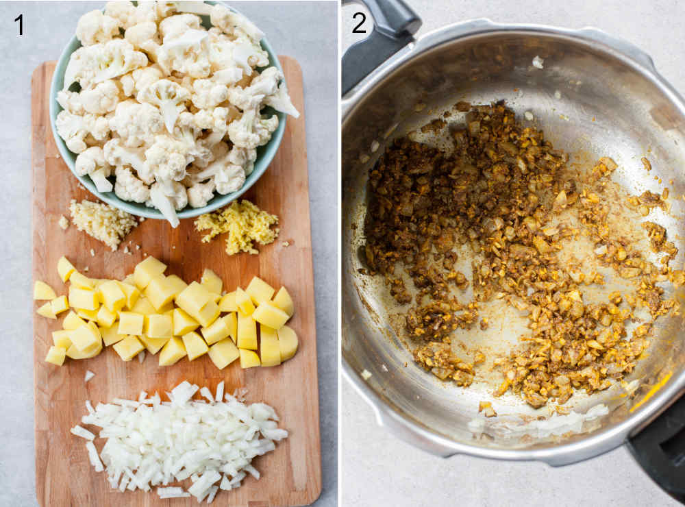 left: chopped vegetables on a wooden board, right: sauteed onion with spices in a big pot