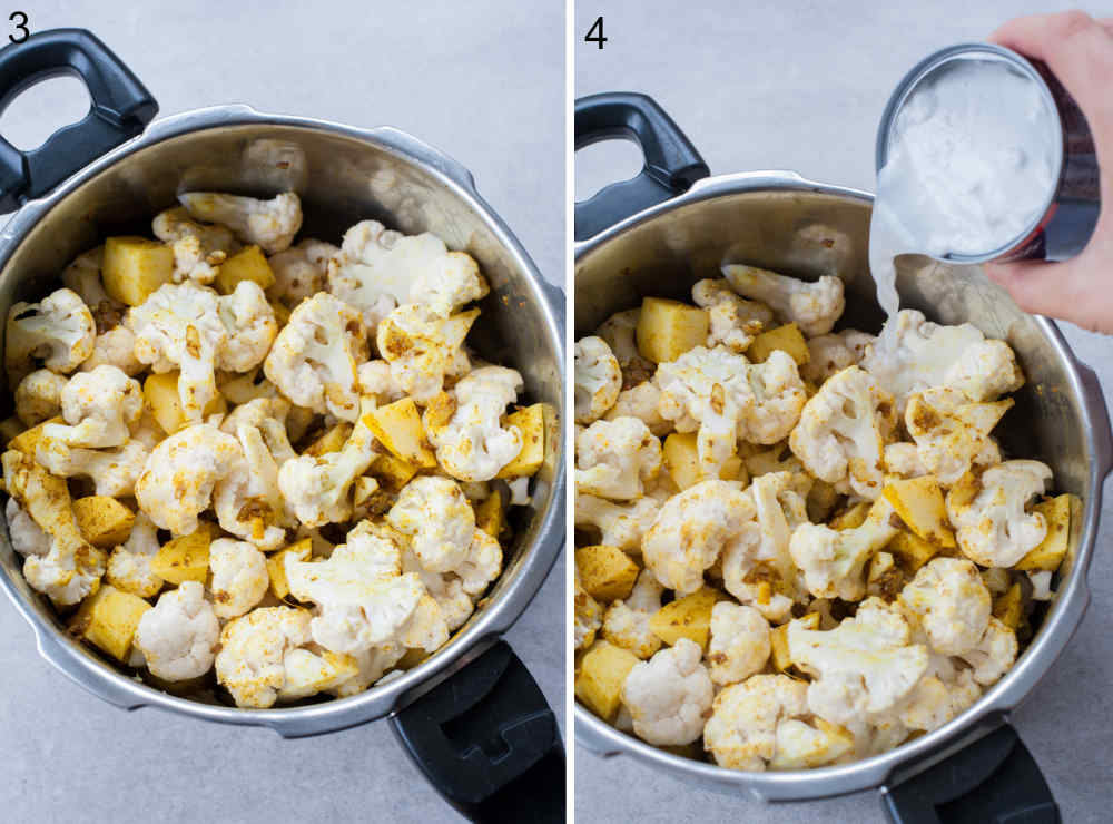 coconut milk is being added to a big pot with cauliflower florets and potato chunks