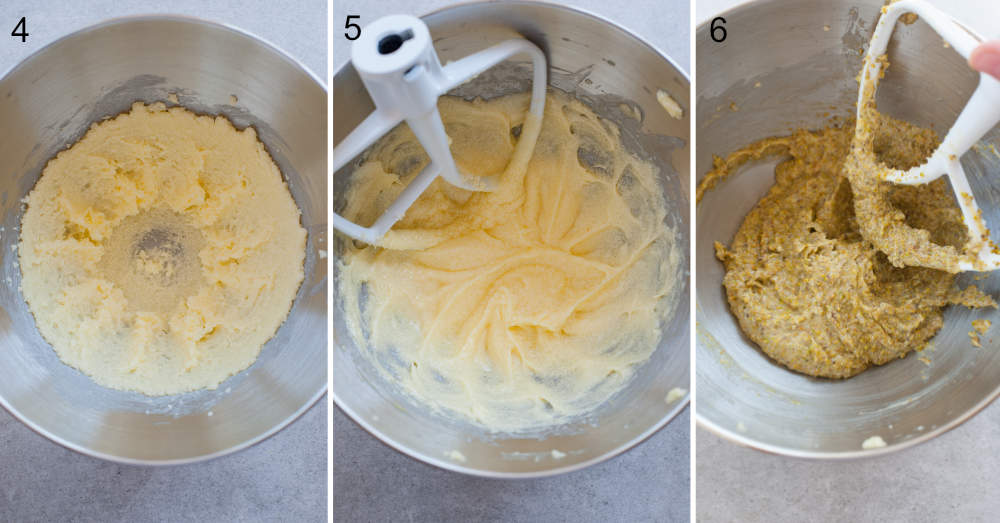 collage of three photos showing the making of frangipane cream