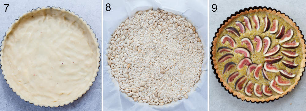 collage of three photos showing the steps of baking the tart