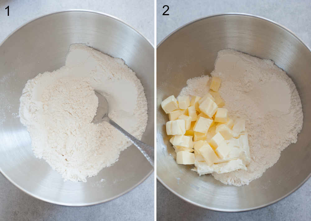 a collage photo showing preparation steps of making a cream cheese pastry crust