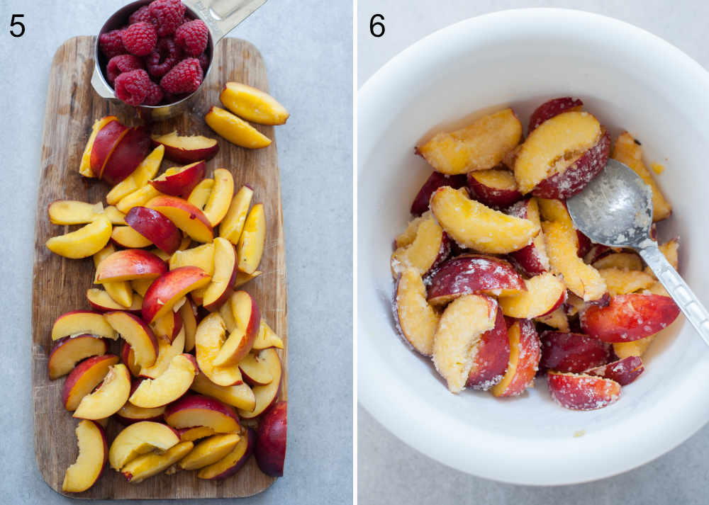 preparing nectarine and raspberry filling for the tart