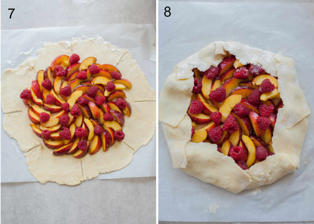 nectarines and raspberries piled in the middle of the rolled out dough