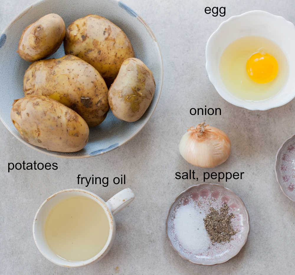 Labeled ingredients needed to prepare potato pancakes.