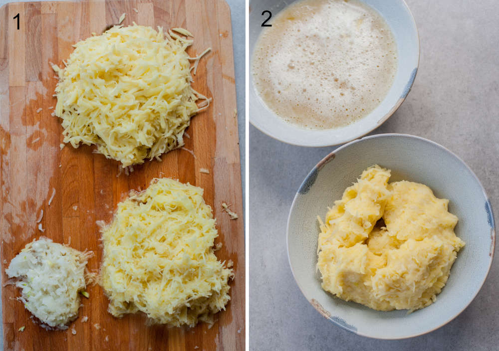 Left photo: grated potatoes and onion, right photo: drained potatoes in a blue bowl.