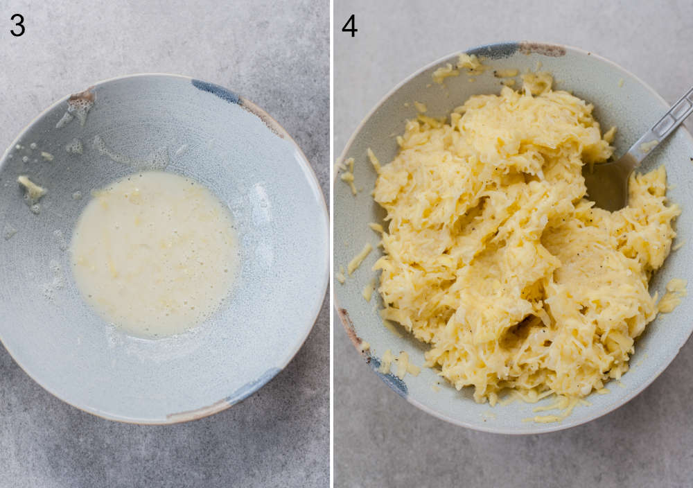 Left photo: potato starch in a blue bowl, right photo: potato pancakes batter.