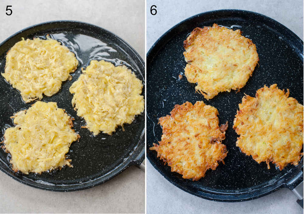 Frying the potato pancakes on a black pan.