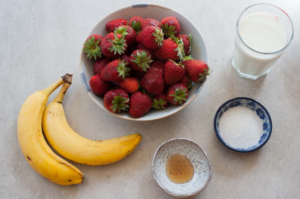 ingredients for strawberry banana milkshake