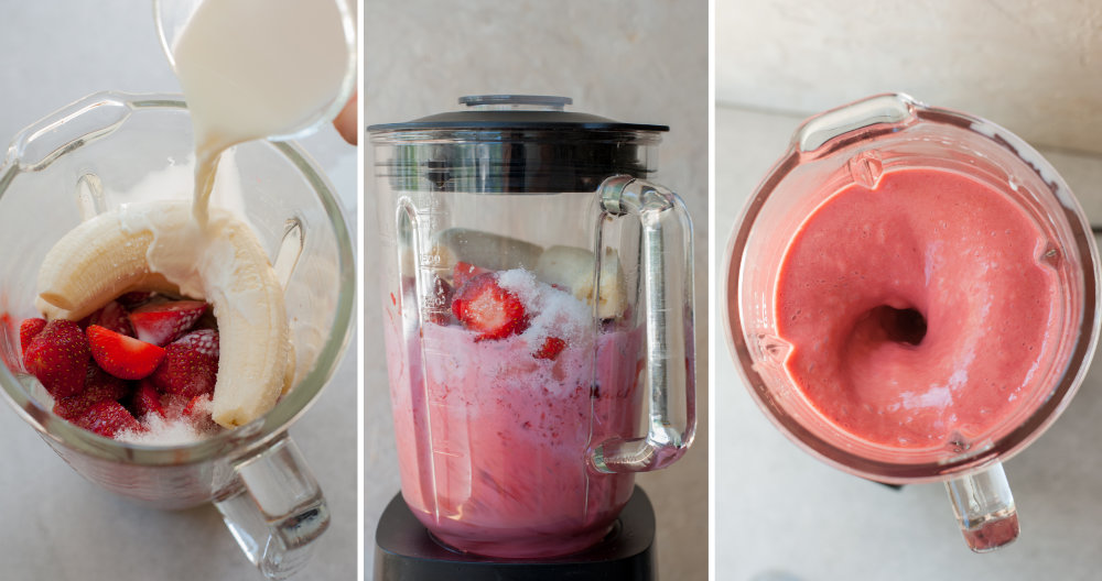 a collage of three photos showing preparation steps of strawberry banana milkshake