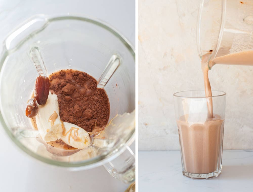 a collage of two photos showing preparation steps of chocolate peanut butter banana smoothie