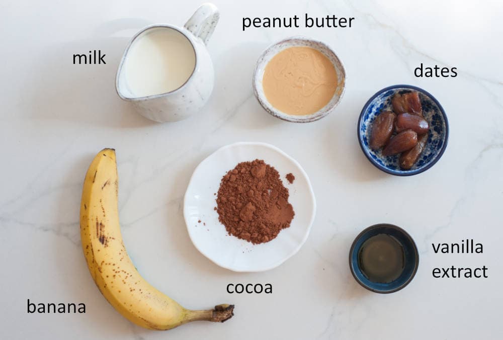 ingredients needed to prepare chocolate peanut butter banana smoothie