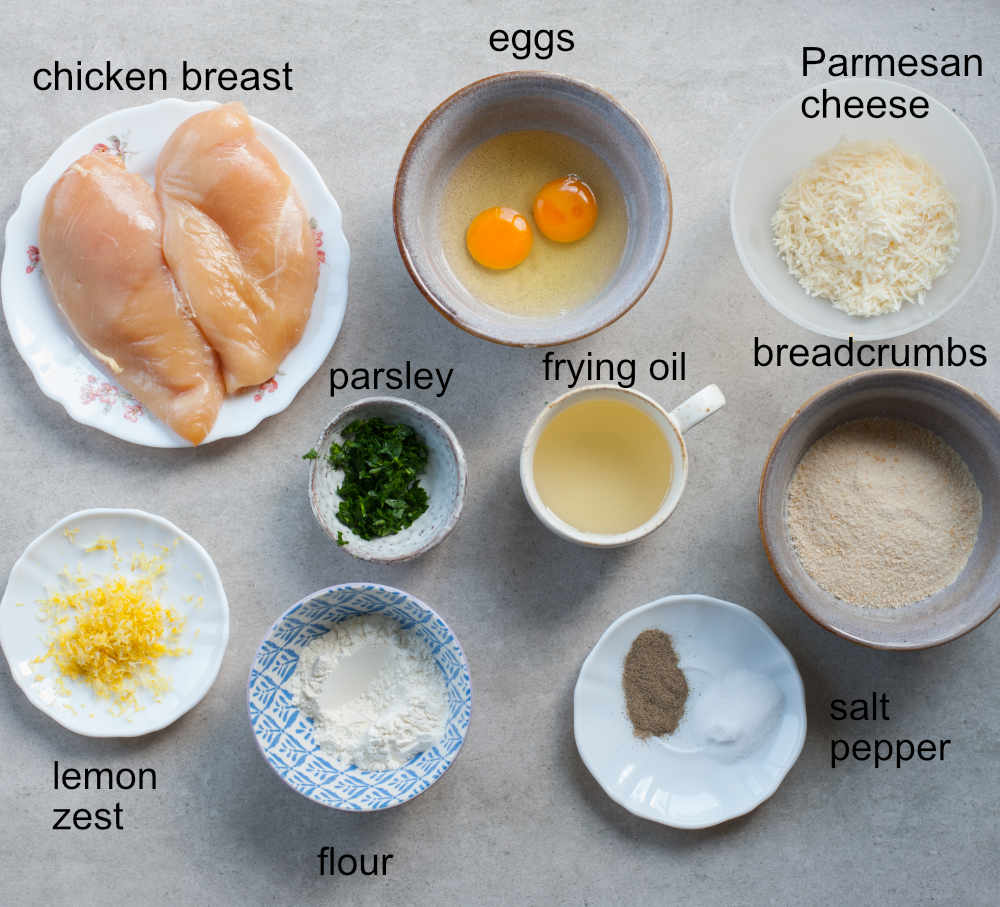 Labeled ingredients for breaded chicken cutlets.