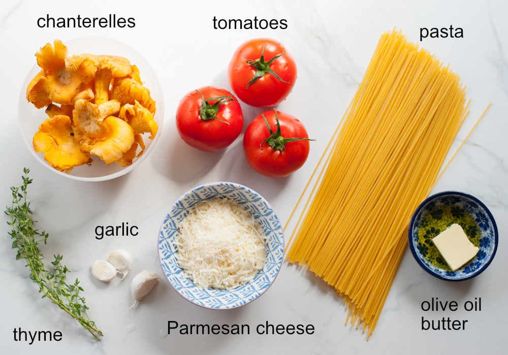 ingredients needed to prepare chanterelle pasta with tomatoes