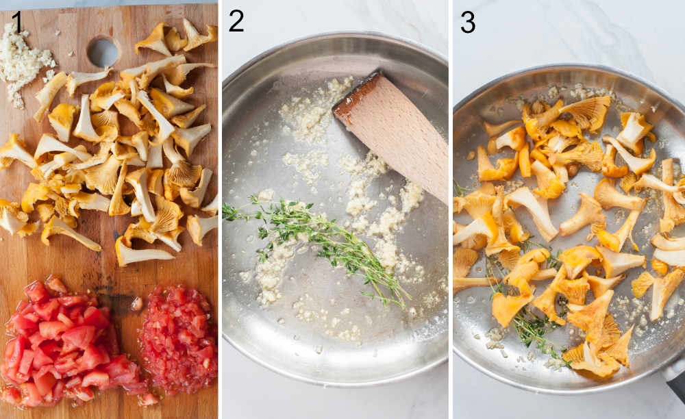 a collage of three photos showing preparation steps of chanterelle pasta