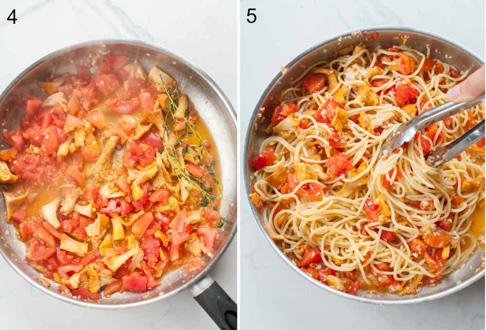 a collage of two photos showing preparation steps of chanterelle pasta