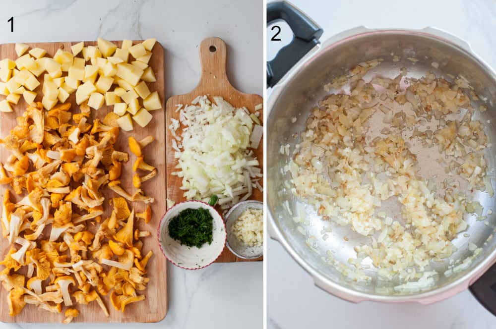 left photo: prepared ingredients, right photo: sauteed onion in a pot