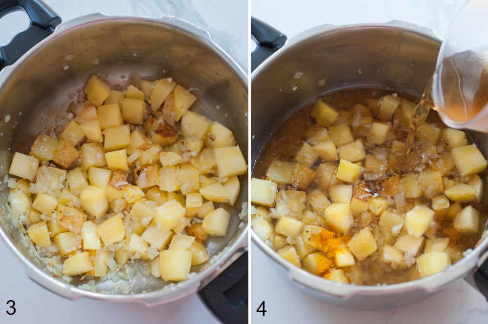 broth is being added to sauteed potatoes and onions in a pot