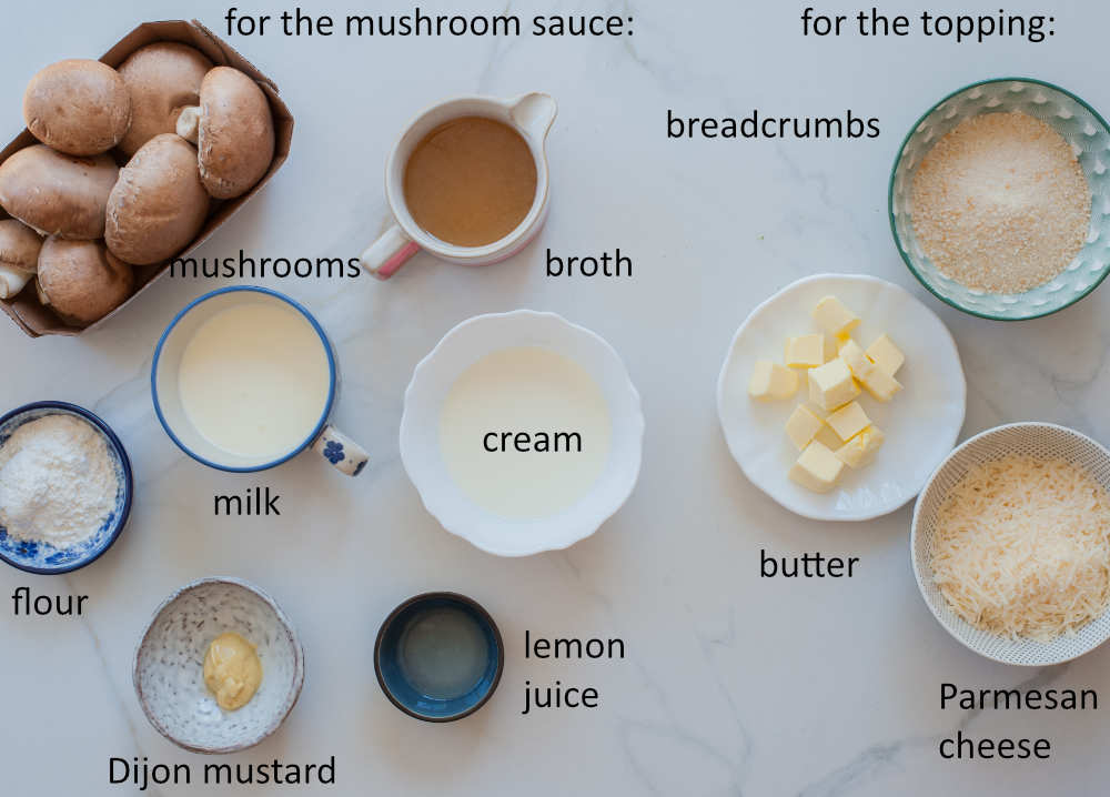 Labeled ingredients needed to prepare mushroom sauce and breadcrumb parmesan topping.