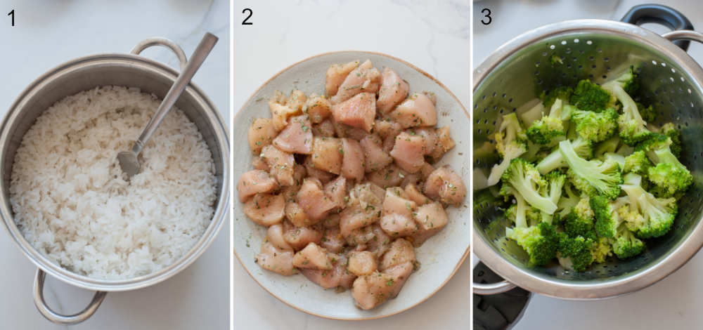 Cooked rice in a pot, marinated chicken on a plate, cooked broccoli in a pot.