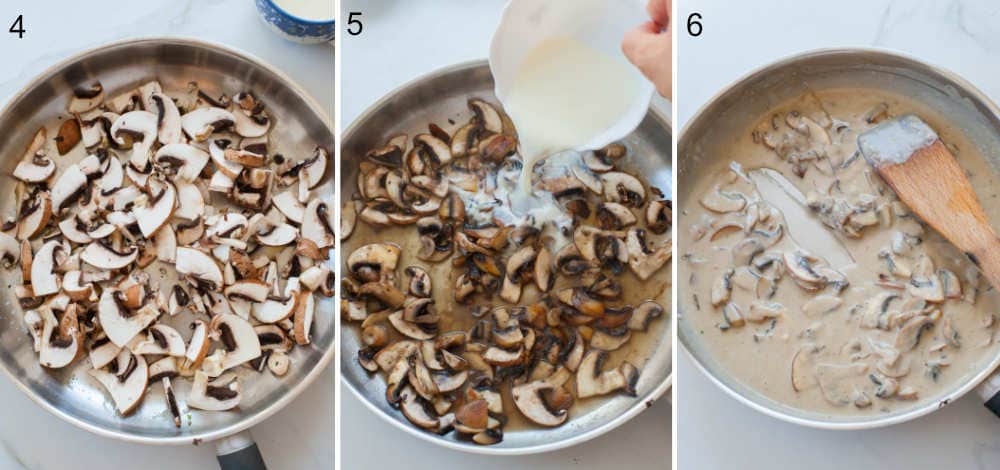 A collage of three photos showing preparation steps of mushroom sauce.