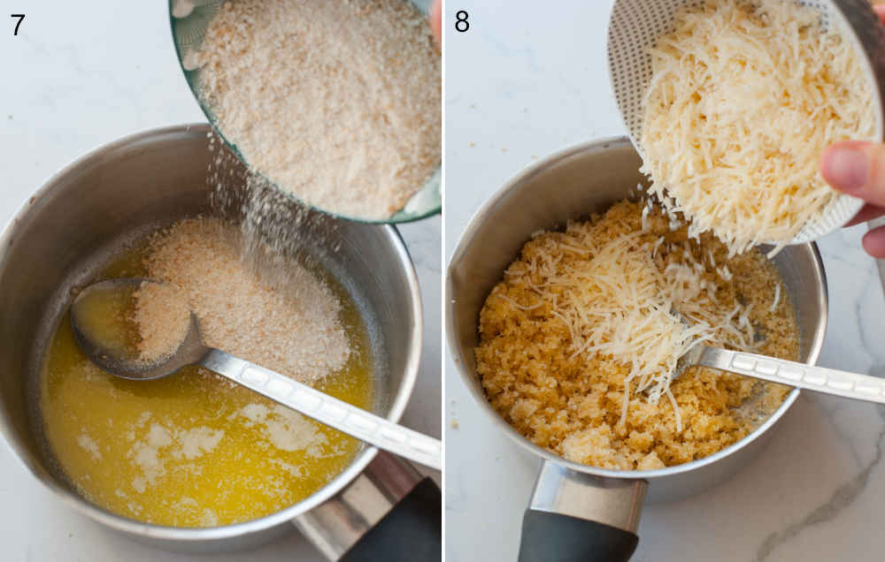 A collage of two photos showing preparation steps of breadcrumb topping.
