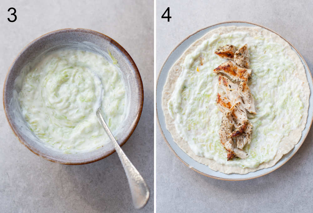 Tzatziki sauce in a bowl. Tortilla wrap with tzatziki and cooked chicken.