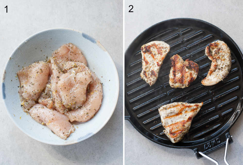 Marinated chicken in a bowl. Chicken is being cooked in a grill pan.