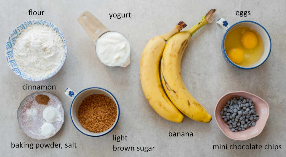 labeled ingredients for banana chocolate chip pancakes